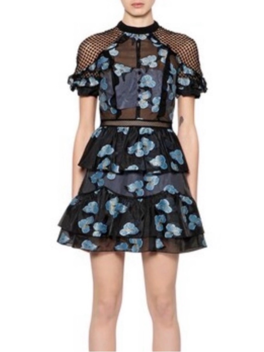 Self-Portrait Black Mini Dress with Blue Floral Appliqué